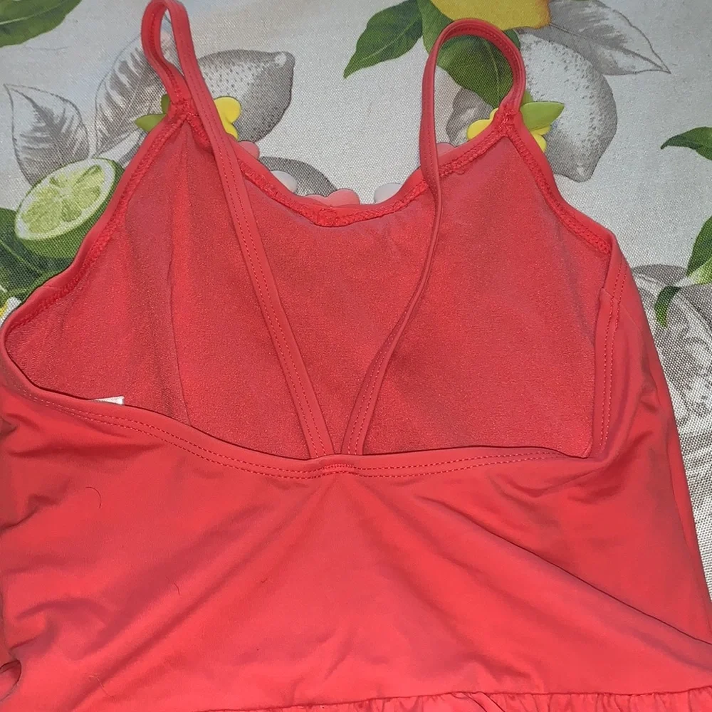 Gymboree Coral With Floral Neckline One-Piece Bathing Suit sz 9 EUC